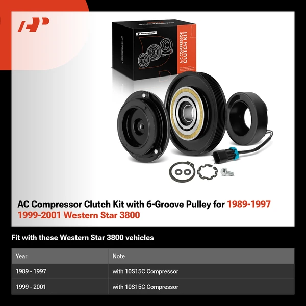 AC Compressor Clutch Kit with 6-Groove Pulley for 1989-1997 1999-2001 Western Star 3800