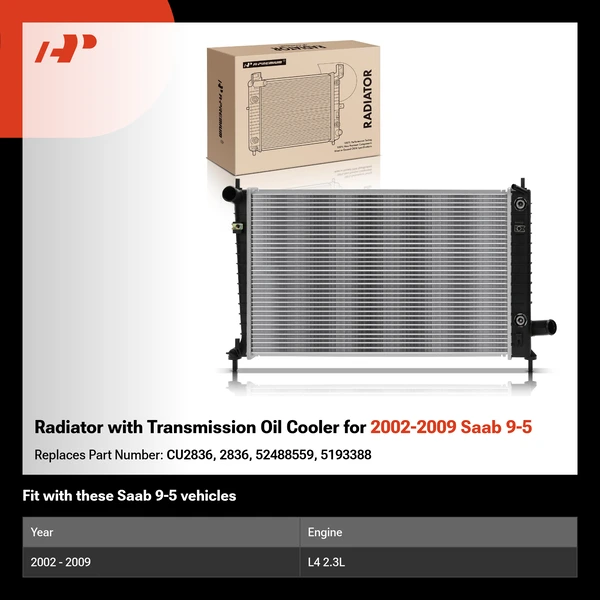 Radiator with Transmission Oil Cooler for 2002-2009 Saab 9-5