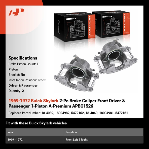 1969-1972 Buick Skylark 2-Pc Brake Caliper Front Driver & Passenger 1-Piston A-Premium APBC1526