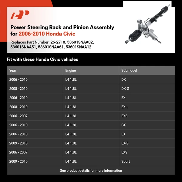 Power Steering Rack and Pinion Assembly for 2006-2010 Honda Civic