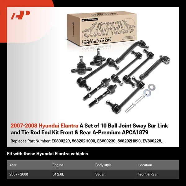 2007-2008 Hyundai Elantra A Set of 10 Ball Joint Sway Bar Link and Tie Rod End Kit Front & Rear A-Premium APCA1879