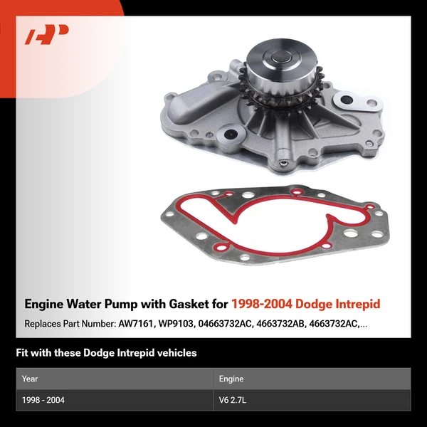 Engine Water Pump with Gasket for 1998-2004 Dodge Intrepid