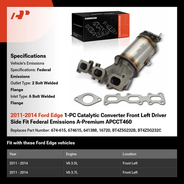 2011-2014 Ford Edge 1-PC Catalytic Converter Front Left Driver Side Fit Federal Emissions A-Premium APCCT460