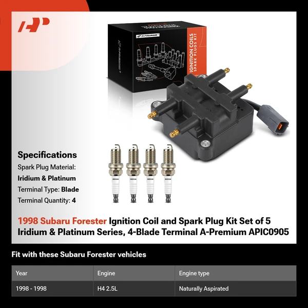 1998 Subaru Forester Ignition Coil and Spark Plug Kit Set of 5 Iridium & Platinum Series, 4-Blade Terminal A-Premium APIC0905
