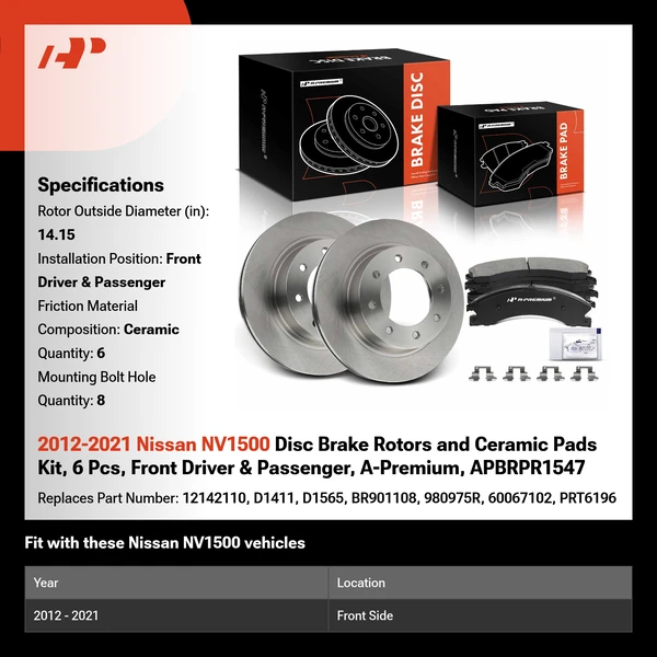 2012-2021 Nissan NV1500 Disc Brake Rotors and Ceramic Pads Kit, 6 Pcs, Front Driver & Passenger, A-Premium, APBRPR1547