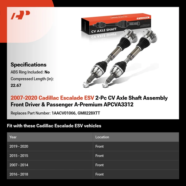 2007-2020 Cadillac Escalade ESV 2-Pc CV Axle Shaft Assembly Front Driver & Passenger A-Premium APCVA3312