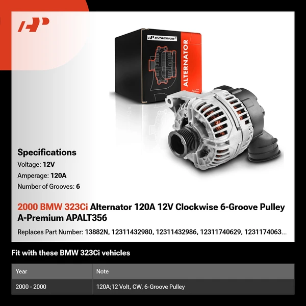 2000 BMW 323Ci Alternator 120A 12V Clockwise 6-Groove Pulley A-Premium APALT356