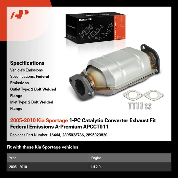 2005-2010 Kia Sportage 1-PC Catalytic Converter Exhaust Fit Federal Emissions A-Premium APCCT011