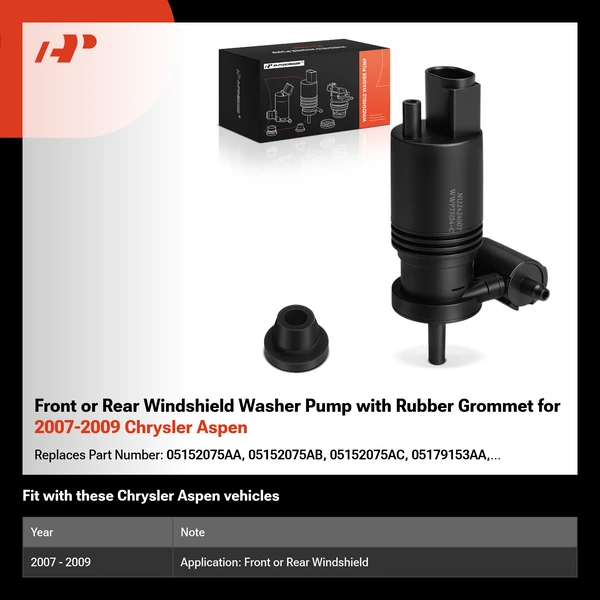 Front or Rear Windshield Washer Pump with Rubber Grommet for 2007-2009 Chrysler Aspen