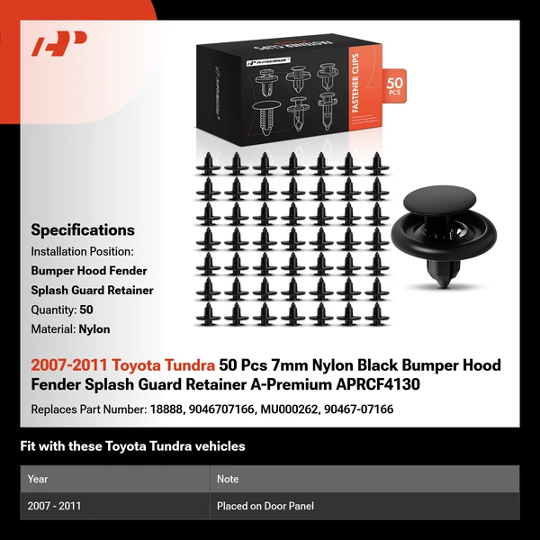 2007-2011 Toyota Tundra 50 Pcs 7mm Nylon Black Bumper Hood Fender Splash Guard Retainer A-Premium APRCF4130