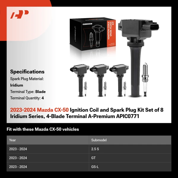 2023-2024 Mazda CX-50 Ignition Coil and Spark Plug Kit Set of 8 Iridium Series, 4-Blade Terminal A-Premium APIC0771