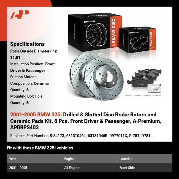2001-2005 BMW 325i Drilled & Slotted Disc Brake Rotors and Ceramic Pads Kit, 6 Pcs, Front Driver & Passenger, A-Premium, APBRPS403