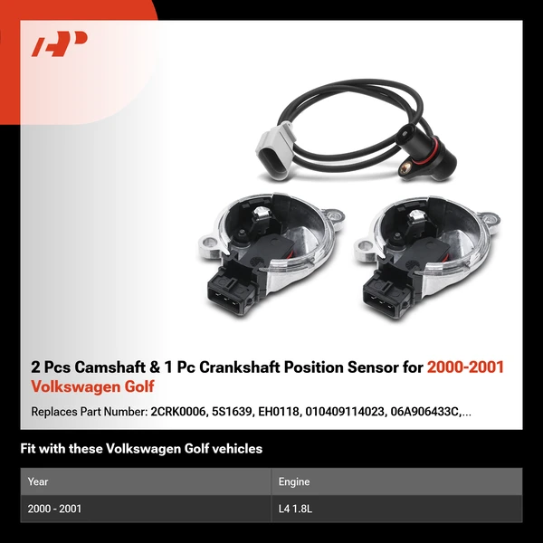 2 Pcs Camshaft & 1 Pc Crankshaft Position Sensor for 2000-2001 Volkswagen Golf