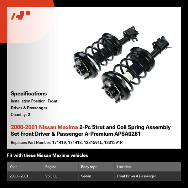 2000-2001 Nissan Maxima 2-Pc Strut and Coil Spring Assembly Set Front Driver & Passenger A-Premium APSA0281