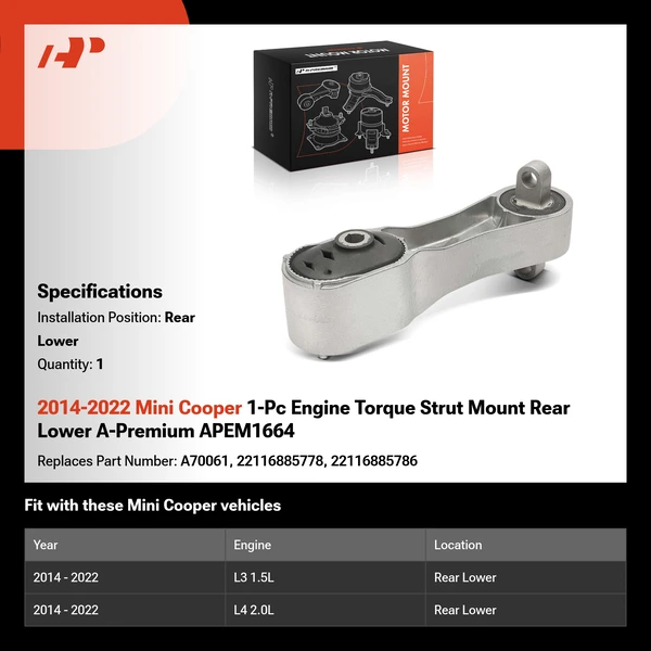 2014-2022 Mini Cooper 1-Pc Engine Torque Strut Mount Rear Lower A-Premium APEM1664