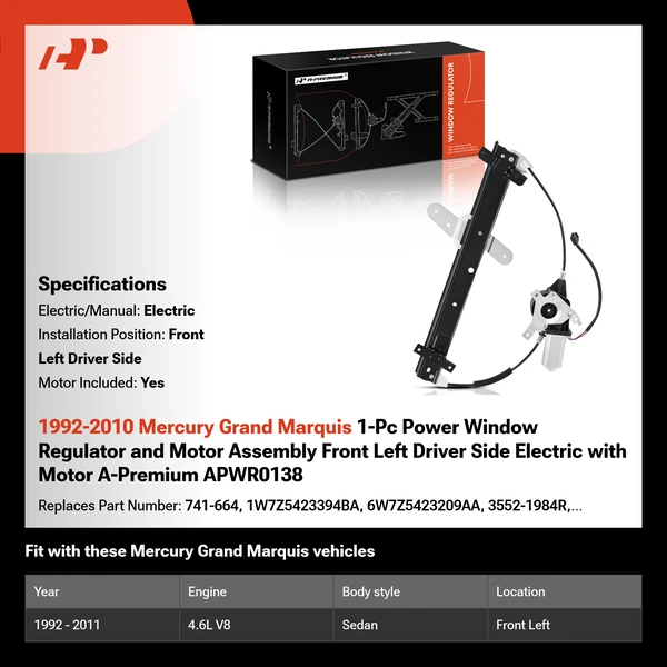 1992-2010 Mercury Grand Marquis 1-Pc Power Window Regulator and Motor Assembly Front Left Driver Side Electric with Motor A-Premium APWR0138