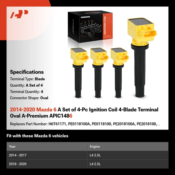 2014-2020 Mazda 6 A Set of 4-Pc Ignition Coil 4-Blade Terminal Oval A-Premium APIC1486