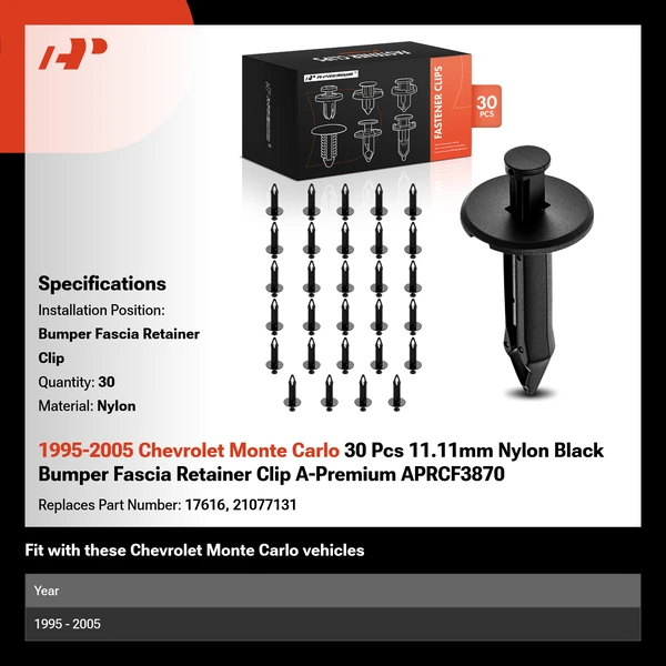 1995-2005 Chevrolet Monte Carlo 30 Pcs 11.11mm Nylon Black Bumper Fascia Retainer Clip A-Premium APRCF3870