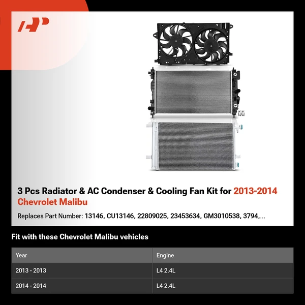 3 Pcs Radiator & AC Condenser & Cooling Fan Kit for 2013-2014 Chevrolet Malibu