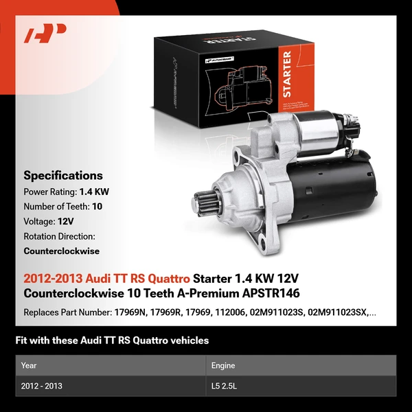 2012-2013 Audi TT RS Quattro Starter 1.4 KW 12V Counterclockwise 10 Teeth A-Premium APSTR146
