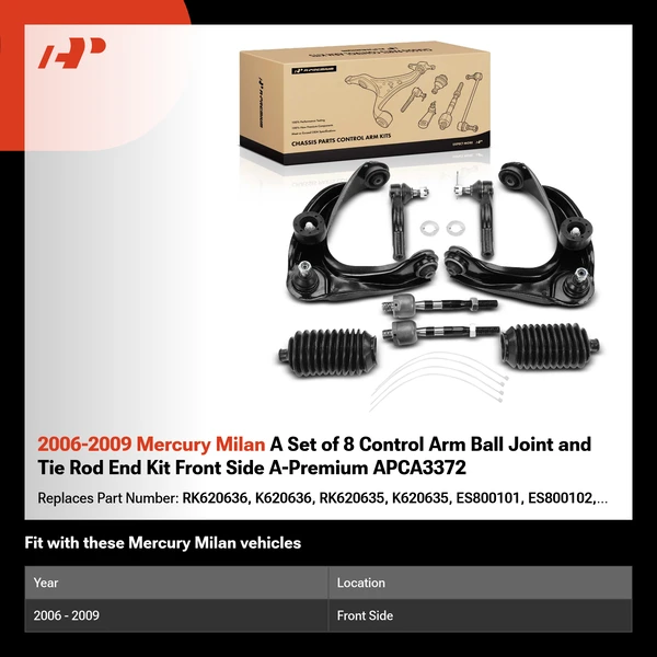 2006-2009 Mercury Milan A Set of 8 Control Arm Ball Joint and Tie Rod End Kit Front Side A-Premium APCA3372