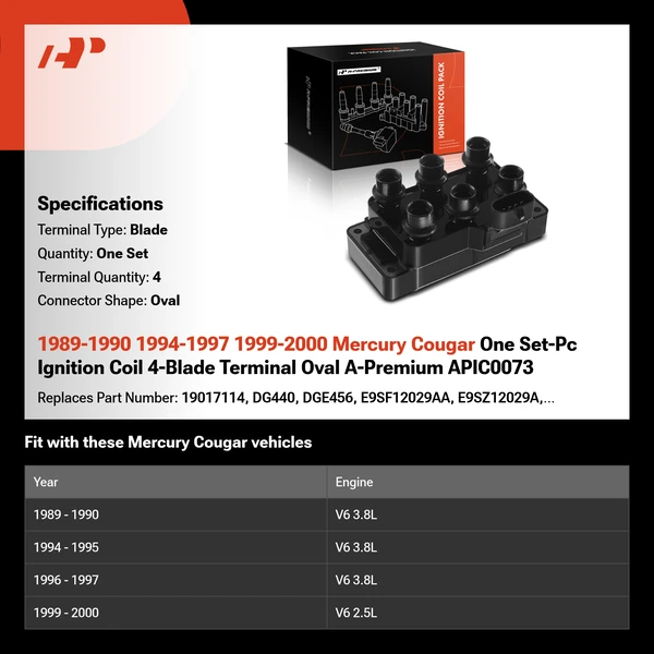 1989-1990 1994-1997 1999-2000 Mercury Cougar One Set-Pc Ignition Coil 4-Blade Terminal Oval A-Premium APIC0073