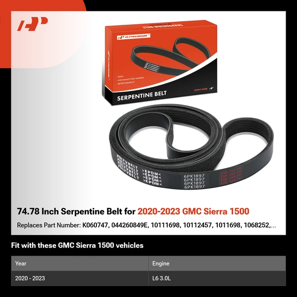 74.78 Inch Serpentine Belt for 2020-2023 GMC Sierra 1500