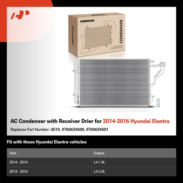 AC Condenser with Receiver Drier for 2014-2016 Hyundai Elantra