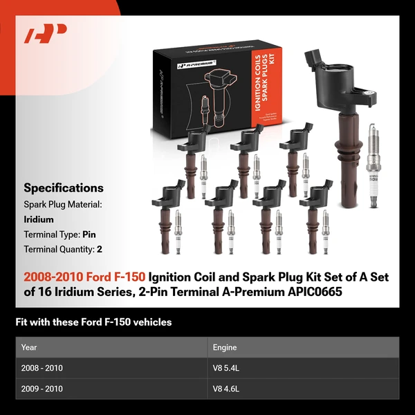 2008-2010 Ford F-150 Ignition Coil and Spark Plug Kit Set of A Set of 16 Iridium Series, 2-Pin Terminal A-Premium APIC0665