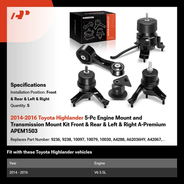 2014-2016 Toyota Highlander 5-Pc Engine Mount and Transmission Mount Kit Front & Rear & Left & Right A-Premium APEM1503