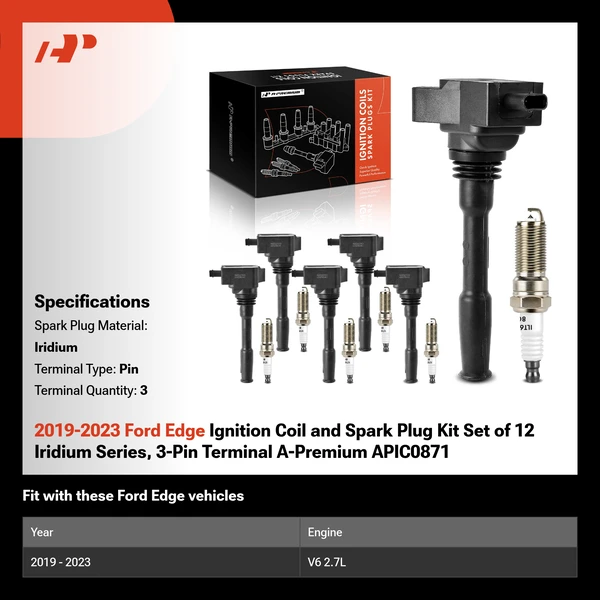 2019-2023 Ford Edge Ignition Coil and Spark Plug Kit Set of 12 Iridium Series, 3-Pin Terminal A-Premium APIC0871