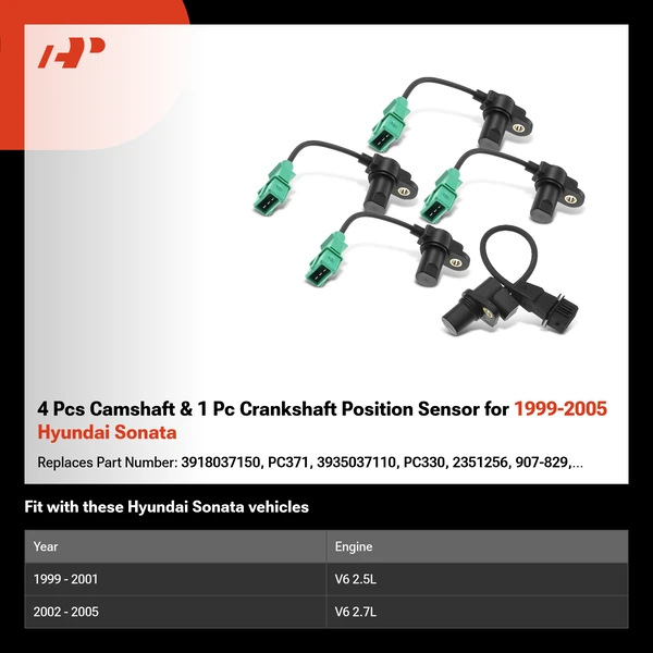 4 Pcs Camshaft & 1 Pc Crankshaft Position Sensor for 1999-2005 Hyundai Sonata