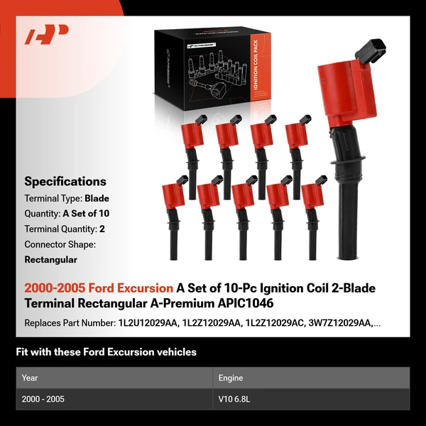 2000-2005 Ford Excursion A Set of 10-Pc Ignition Coil 2-Blade Terminal Rectangular A-Premium APIC1046
