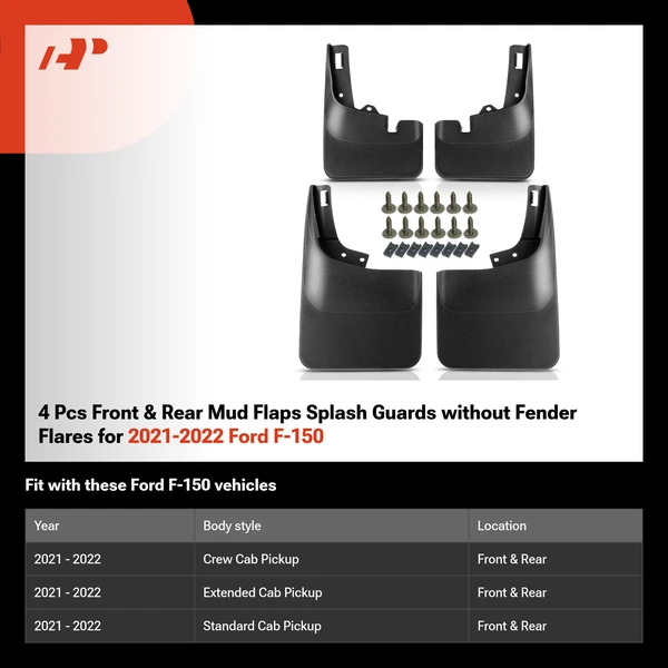 4 Pcs Front & Rear Mud Flaps Splash Guards without Fender Flares for 2021-2022 Ford F-150