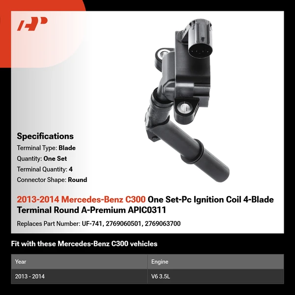 2013-2014 Mercedes-Benz C300 One Set-Pc Ignition Coil 4-Blade Terminal Round A-Premium APIC0311