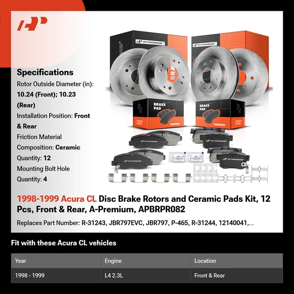 1998-1999 Acura CL Disc Brake Rotors and Ceramic Pads Kit, 12 Pcs, Front & Rear, A-Premium, APBRPR082