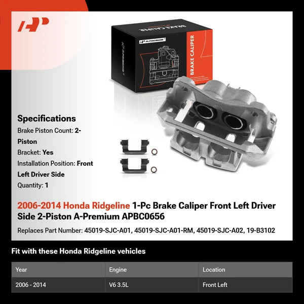 2006-2014 Honda Ridgeline 1-Pc Brake Caliper Front Left Driver Side 2-Piston A-Premium APBC0656