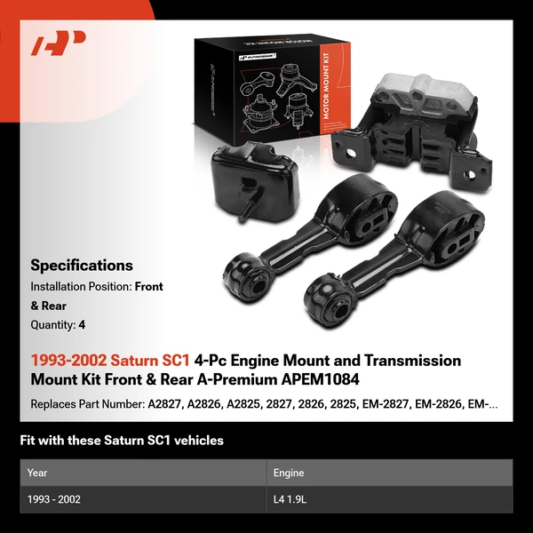 1993-2002 Saturn SC1 4-Pc Engine Mount and Transmission Mount Kit Front & Rear A-Premium APEM1084