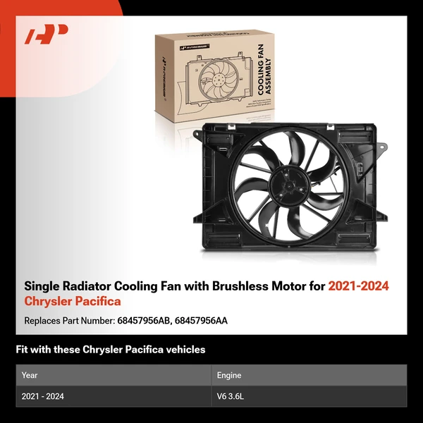 Single Radiator Cooling Fan with Brushless Motor for 2021-2024 Chrysler Pacifica