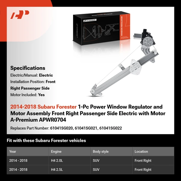 2014-2018 Subaru Forester 1-Pc Power Window Regulator and Motor Assembly Front Right Passenger Side Electric with Motor A-Premium APWR0704