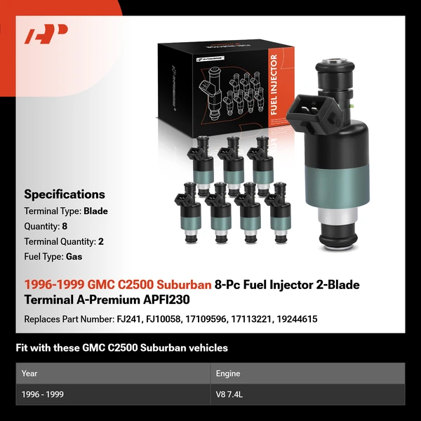 1996-1999 GMC C2500 Suburban 8-Pc Fuel Injector 2-Blade Terminal A-Premium APFI230