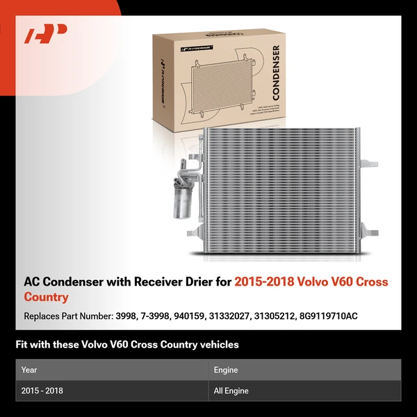 AC Condenser with Receiver Drier for 2015-2018 Volvo V60 Cross Country