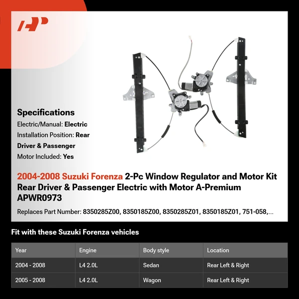 2004-2008 Suzuki Forenza 2-Pc Window Regulator and Motor Kit Rear Driver & Passenger Electric with Motor A-Premium APWR0973