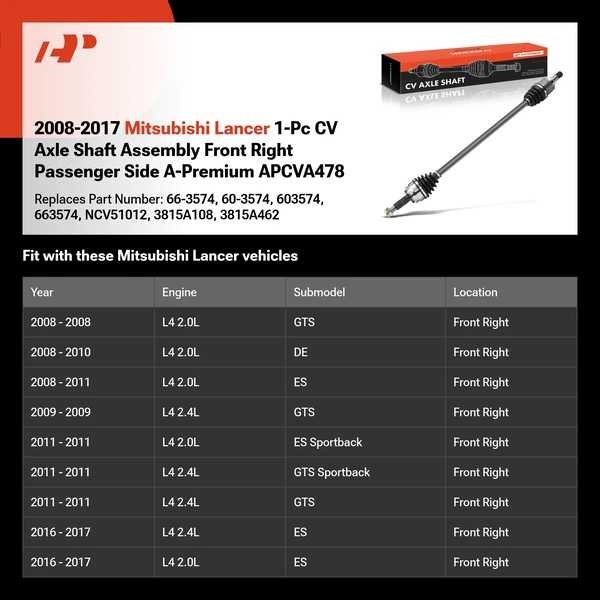 2008-2017 Mitsubishi Lancer 1-Pc CV Axle Shaft Assembly Front Right Passenger Side A-Premium APCVA478