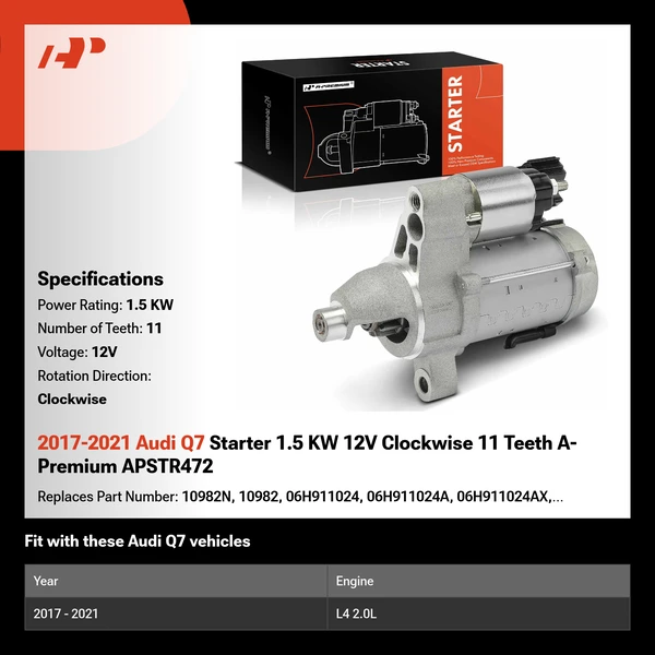 2017-2021 Audi Q7 Starter 1.5 KW 12V Clockwise 11 Teeth A-Premium APSTR472