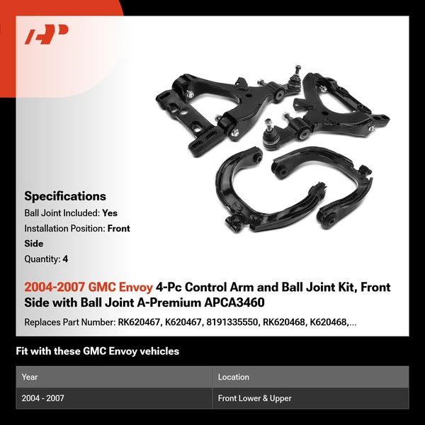 2004-2007 GMC Envoy 4-Pc Control Arm and Ball Joint Kit, Front Side with Ball Joint A-Premium APCA3460
