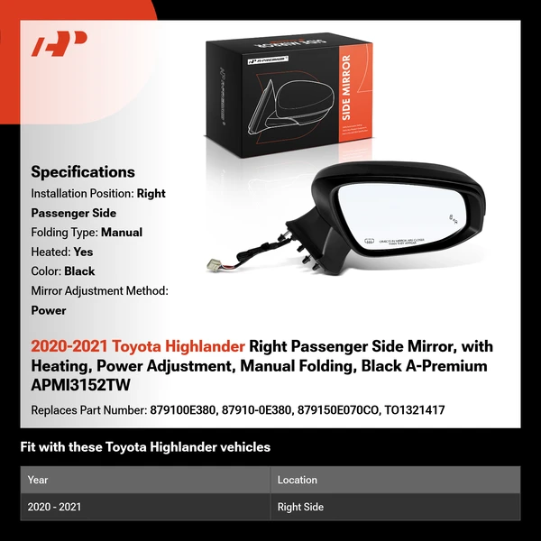 2020-2021 Toyota Highlander Right Passenger Side Mirror, with Heating, Power Adjustment, Manual Folding, Black A-Premium APMI3152TW