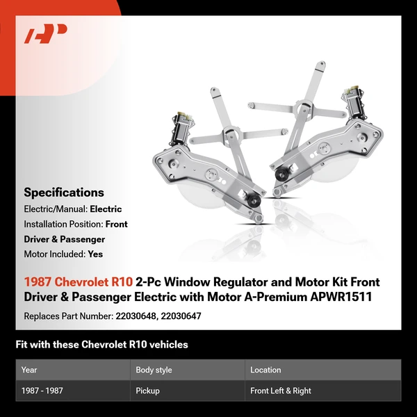 1987 Chevrolet R10 2-Pc Window Regulator and Motor Kit Front Driver & Passenger Electric with Motor A-Premium APWR1511