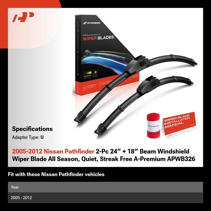 2005-2012 Nissan Pathfinder 2-Pc 24″ + 18″ Beam Windshield Wiper Blade All Season, Quiet, Streak Free A-Premium APWB326