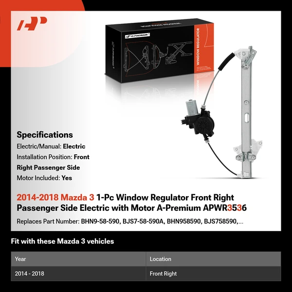 2014-2018 Mazda 3 1-Pc Window Regulator Front Right Passenger Side Electric with Motor A-Premium APWR3536